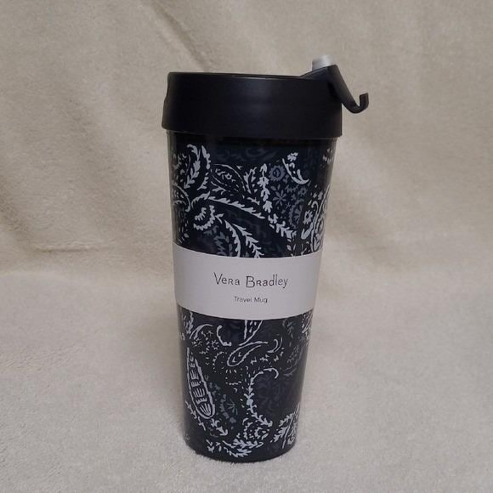 Vera Bradley Black/ White Paisley Travel Tumbler 16oz Gifting NWT